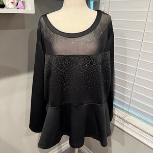 Ashley Stewart Black Sheer Studded Long Sleeve Peplum‎ Top
